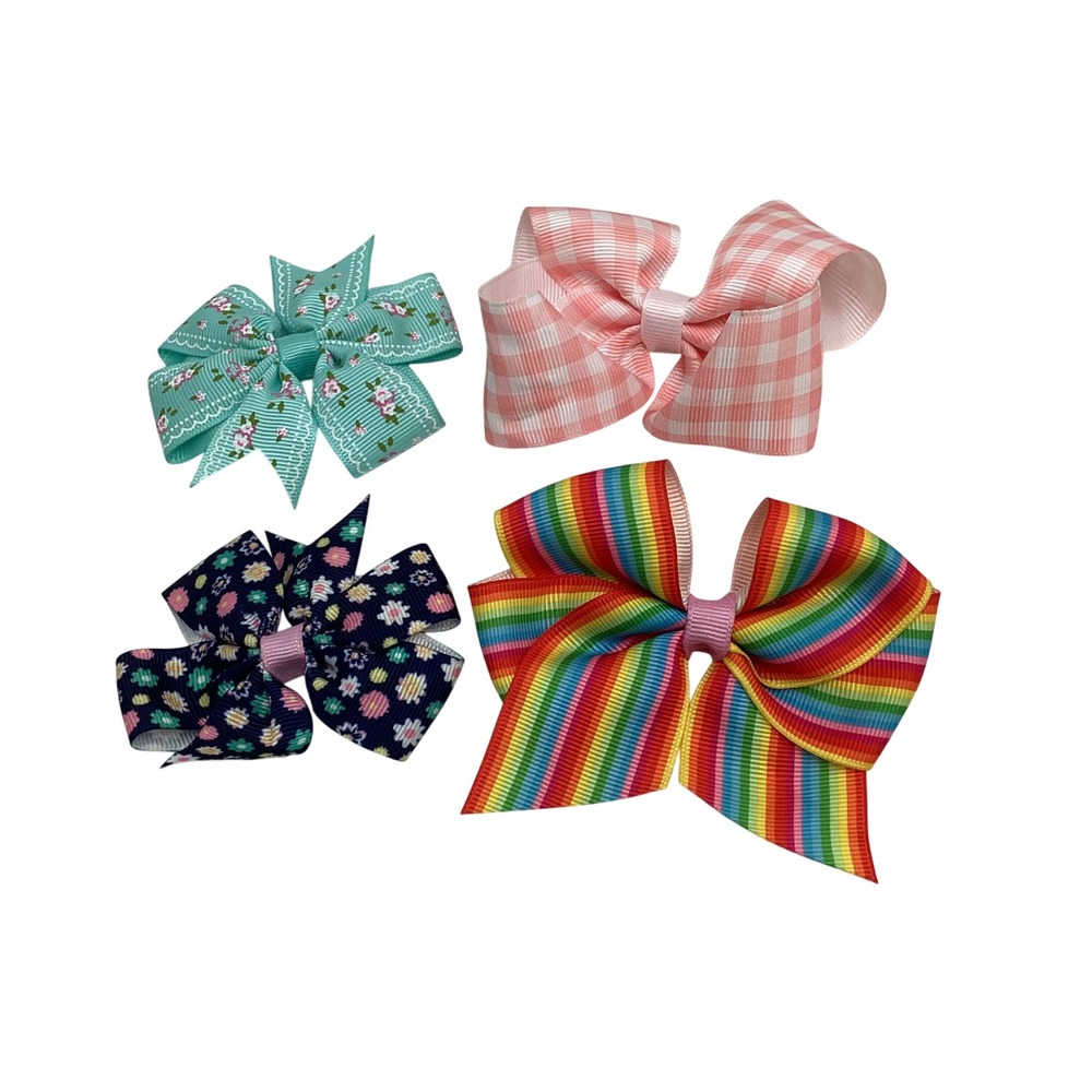 Set of 4 Grosgrain Ribbon Hair Bows Rainbow Gingham Floral Alligator Clips Mixed